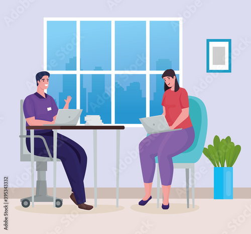 couple using laptops for meeting online in the workplace vector illustration design