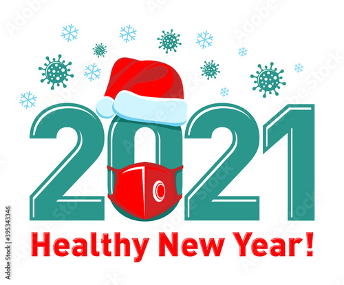 2021 Healthy New Year concept Poster or logo with Santa hat and red face mask. Stop flu coronavirus. Vector on transparent background