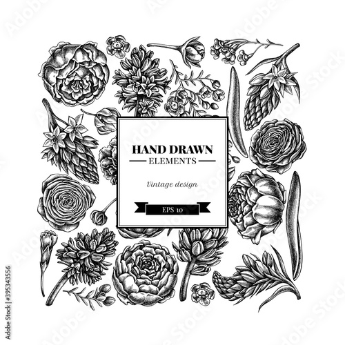 Square floral design with black and white peony, carnation, ranunculus, wax flower, ornithogalum, hyacinth