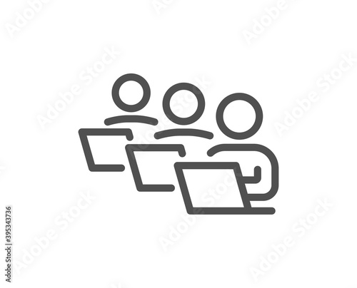 Teamwork line icon. Remote office sign. Team employees symbol. Quality design element. Linear style teamwork icon. Editable stroke. Vector