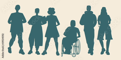 Friends teenagers, inclusive people isolated as inclusive society concept, vector stock illustration with disabled person in wheelchair