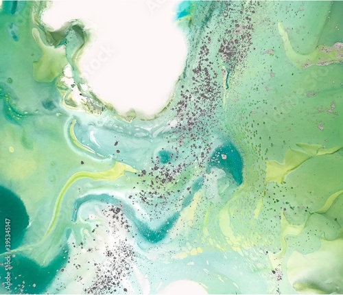 Colorful green white marble paper texture on w hite background. Acrylic. Abstract organic design