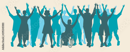 Happy crowd, inclusive people isolated as inclusive society concept, vector stock illustration with teenagers, adults, young, disabled person in wheelchair