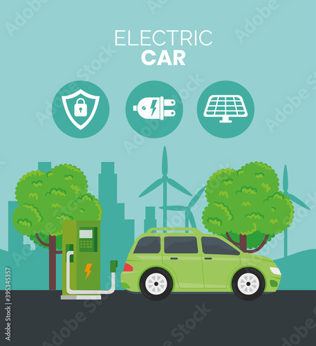 electric car ecology alternative in chargin station and trees vector illustration design