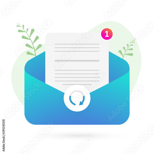 Newsletter Email Subscription modern flat design icon concept. E-mail marketing for newsletter subscribers, isolated on white background. Mail Envelope with document and new message notification