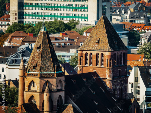 Aerial view of the city of Strasbourg. Sunny day. Red tiled roofs. photo