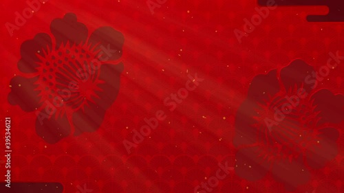 Happy Chinese New Year. Paper cut style. Chinese decorative classic festive background for holiday. Traditional lunar year background with hanging lanterns and flowers. 4K loop with copy space. 