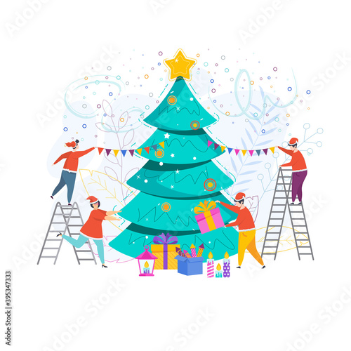 A group of people decorate a Christmas tree in mobile phone