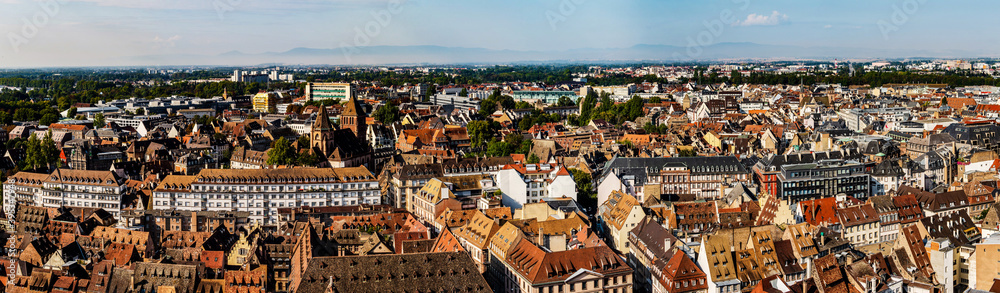 Aerial view of the city of Strasbourg. Sunny day. Red tiled roofs.