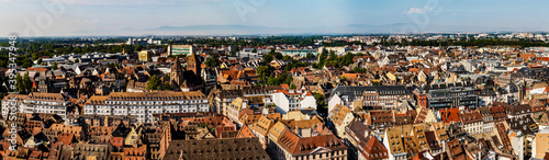 Aerial view of the city of Strasbourg. Sunny day. Red tiled roofs.