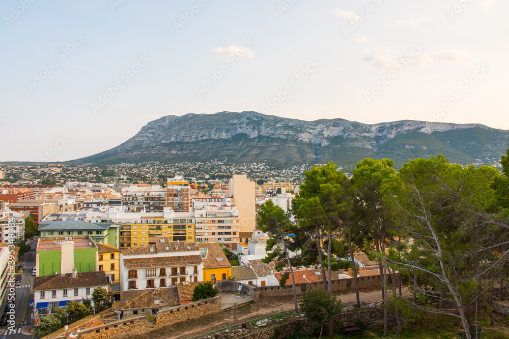Fototapeta premium Denia cityscape. Aerial view from the historic moorish castle in the old town that holds the Palau del Governador. Costa Blanca, Alicante province, Valencian community, Spain.