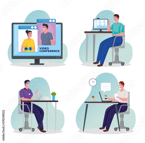 group of men using technology for meeting online in workplace vector illustration design
