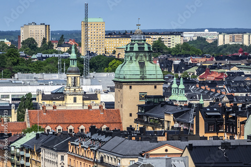 Beautiful aerial view of Stockholm Old town (Gamla Stan) from the observation deck at the City Hall (Stadshuset). Stockholm, Sweden.