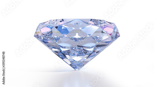 Beautiful clear diamond on a light reflective surface. 3d rendering Isolated with clipping path is onwhite background.