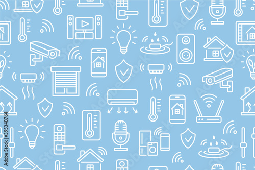 Smart home seamless pattern with flat line icons white color on blue backdrop . Wireless home control background for websites and advertising brochures.