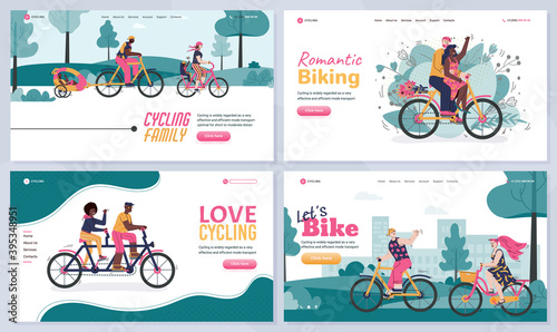 Set of vector landing page templates with married or loving couples riding bikes together outdoors. Romantic relationship, family leisure, walks in park or in nature at summer.