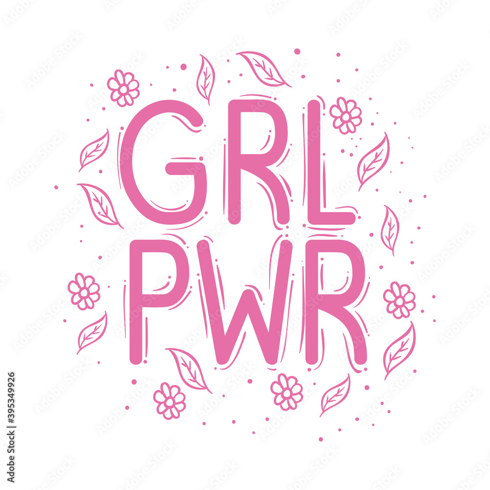 girl power lettering with leafs and flowers vector illustration design