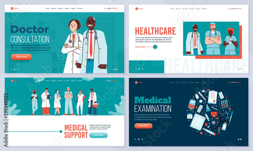 Landing page template with concept of medical support, consultation, examination and health care in hospital. Professional medical people doctors and nurses. Vector illustration.