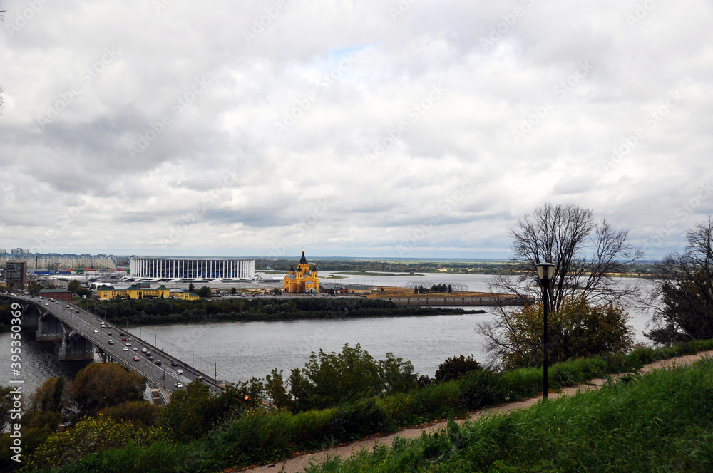 Panorama from the high bank. The confluence of two rivers. Oka and Volga