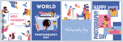 A set of posters for world photography day. Professional photographers with digital cameras taking a pictures and photo in different situations. Vector flat illustrations
