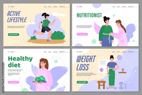 Nutritionists professional services of healthy dieting and weight control web banners set, flat cartoon vector illustration. Nutritionist doctor consulting patients.
