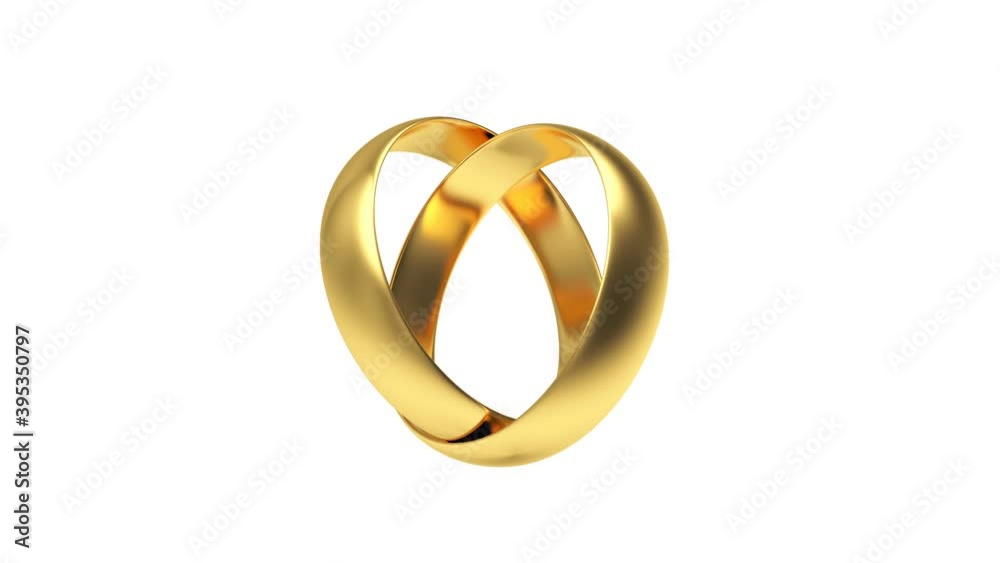 3D animation of rotation of connected two gold wedding rings on a white background. Alpha channel. 4K resolution. 3D animation of rotation of connected two gold wedding rings on a white background. Alpha channel. 4K resolution.