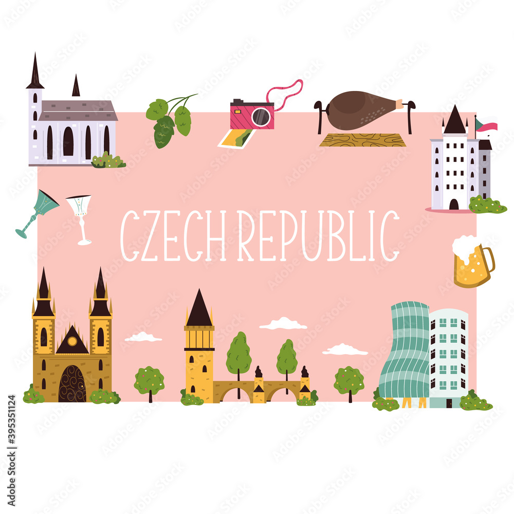 Abstract banner with famous symbols and landmarks of Czech Republic.