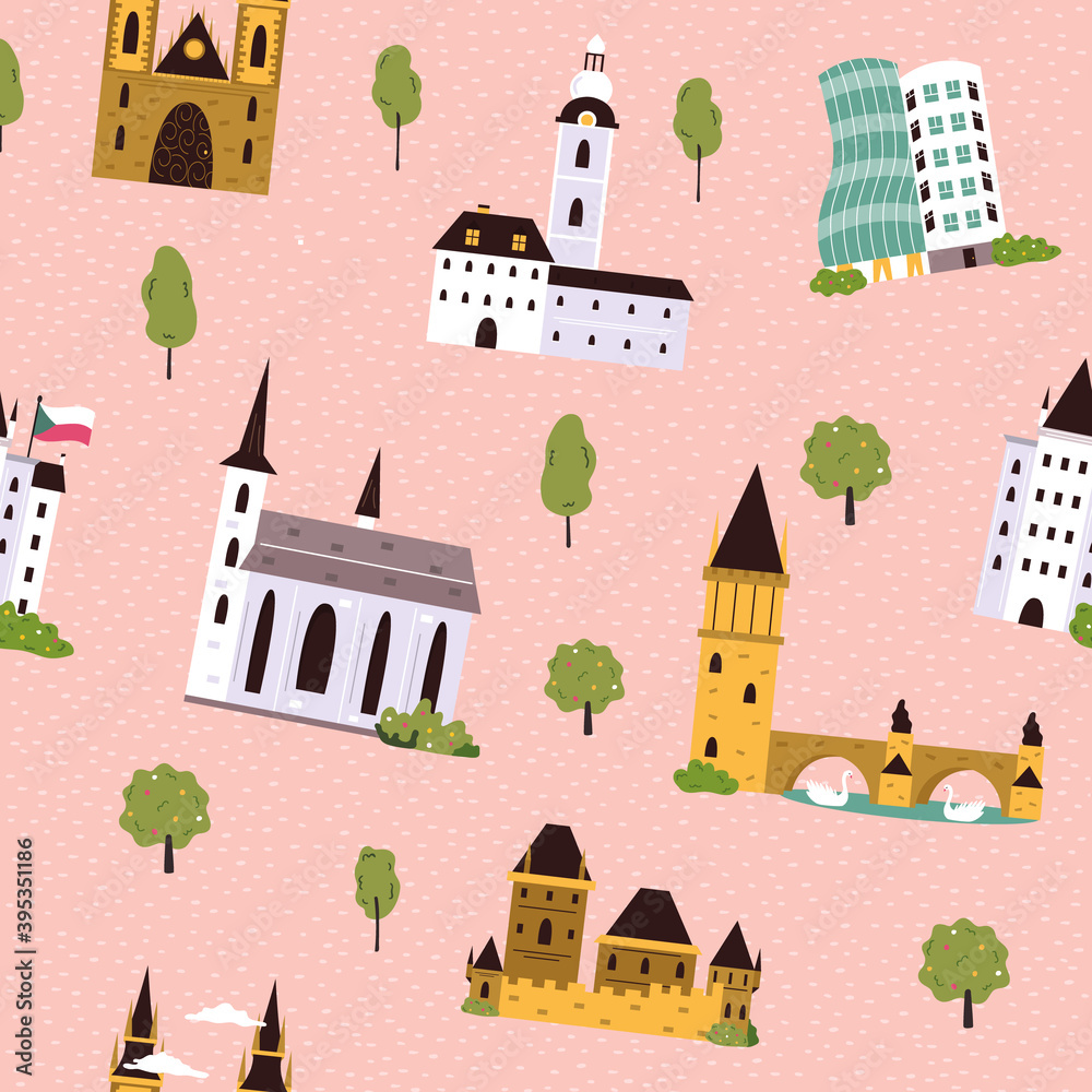 Seamless pattern with famous landmarks and symbols of Czech Republic