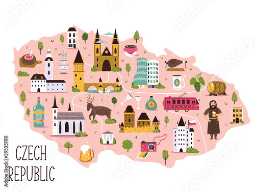 Stylized illustrated map of Czech Republic with symbols, famous landmarks.