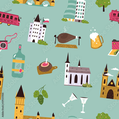 Seamless pattern with famous landmarks and symbols of Czech Republic