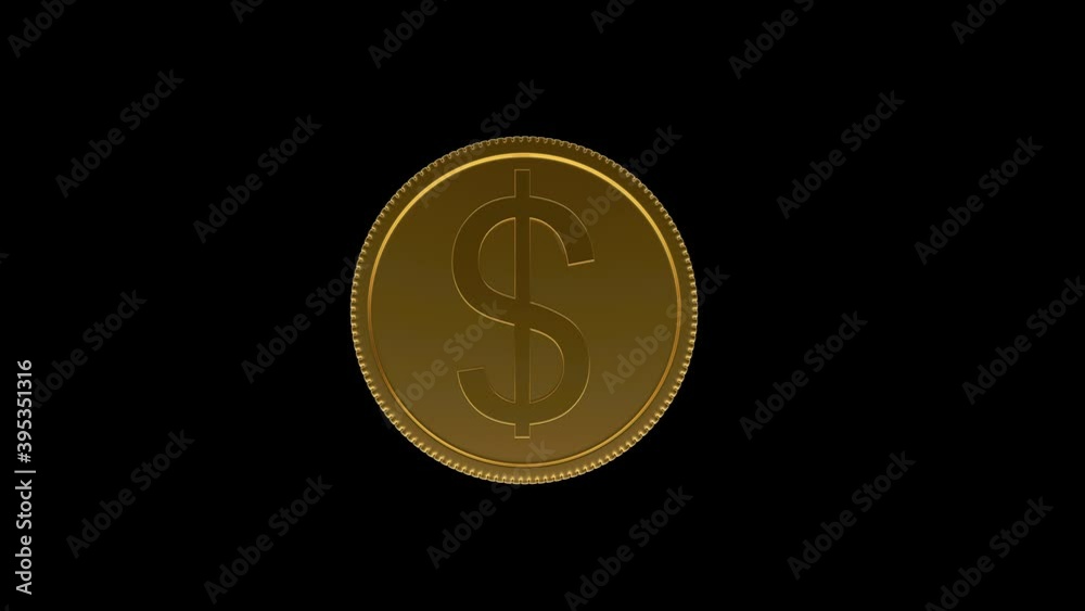 3D animation of a gold dollar coin isolated on a black background. Alpha channel. 4K resolution. 3D animation of a gold dollar coin isolated on a black background. Alpha channel. 4K resolution.
