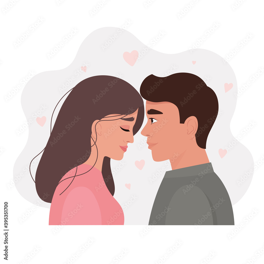 Portrait of a romantic couple in love. Young man and woman in love, before the kiss. The image of tenderness and passion in a relationship. Vector illustration in cartoon flat style