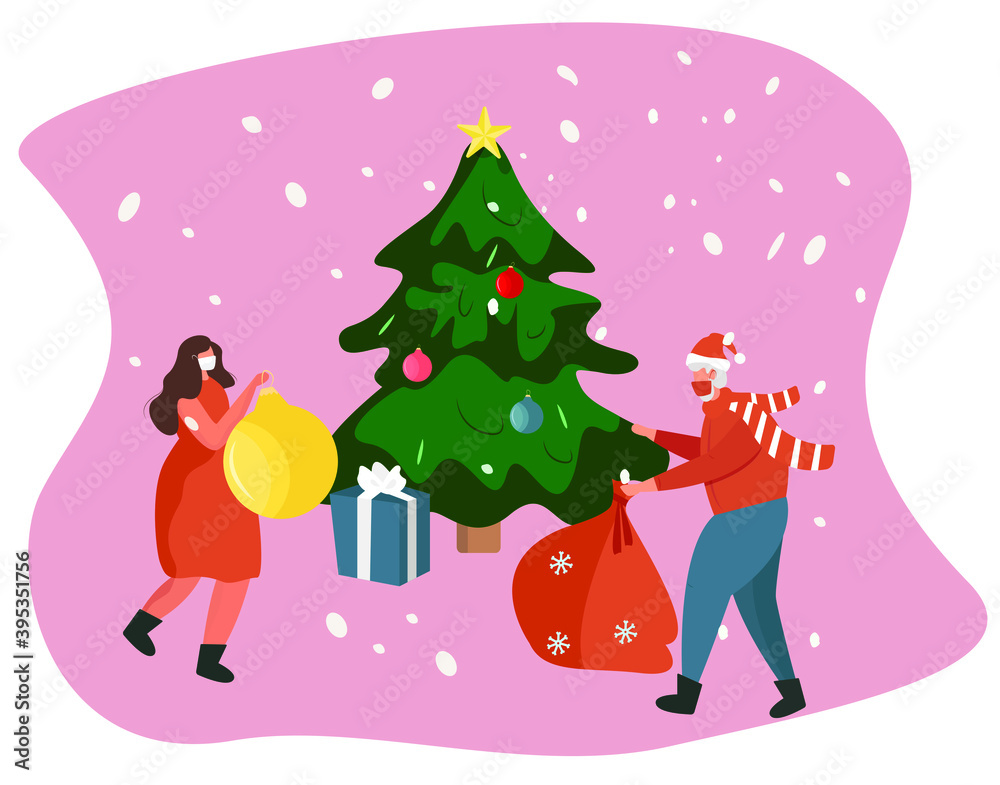 Charachters in Medical Mask Celebrating Christmas and New Year during Quarantine near Tree.Christmas Party in Covid 19.Santa Claus in Santa Hats with Gifts for New Year.Flat Vector Illustration Charachters in Medical Mask Celebrating Christmas and New Year during Quarantine near Tree.Christmas Party in Covid 19.Santa Claus in Santa Hats with Gifts for New Year.Flat Vector Illustration
