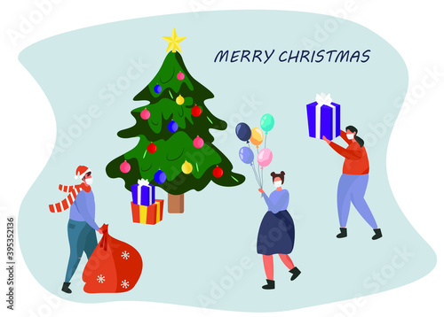 Family in Medical Mask Celebrating Christmas and New Year during Quarantine.Christmas Party in Covid 19.Winter Holidays in Coronavirus.Characters in Santa Hats with Tree.Vector Illustration