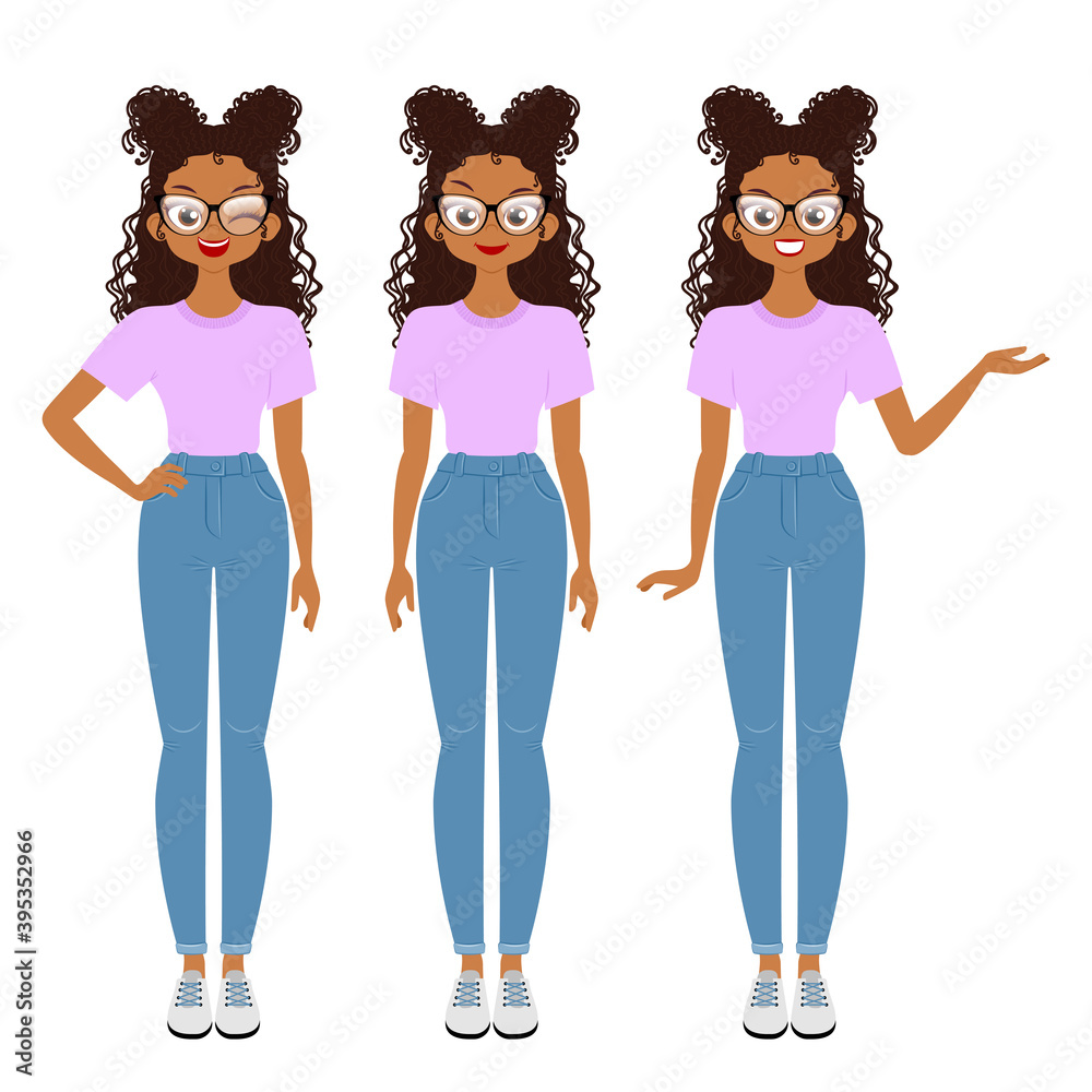Young woman character with different gestures isolated on white background Young woman character with different gestures isolated on white background