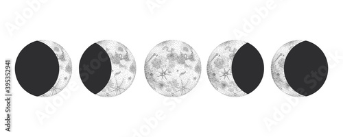 vintage retro vintage engraving style. space objects, world and phases of the moon. vector graphics, printing lacquer in the interior