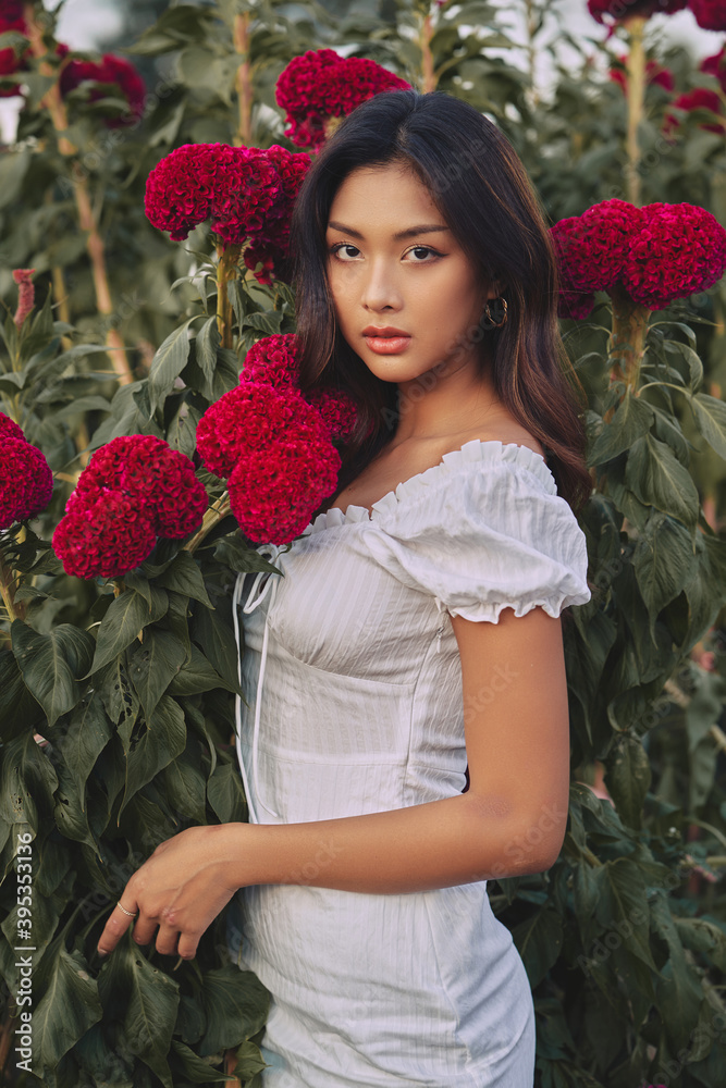 fashion portrait of a beautiful young Thai woman surrounded by red flowers. Spring blossom