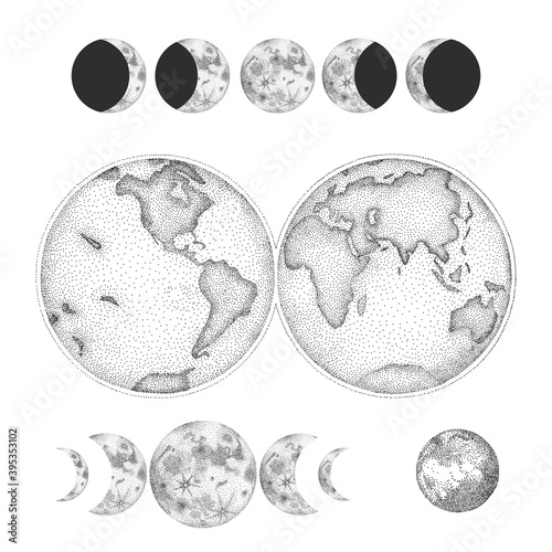 vintage retro vintage engraving style. space objects, world and phases of the moon. vector graphics, printing lacquer in the interior