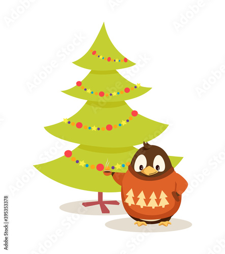 New Year tree and penguin in sweater with hot coffee cup. Christmas character drinking tea near spruce. Vector cartoon character celebrate Xmas eve