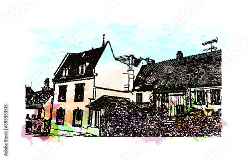 Building view with landmark of Heidelberg Castle is a ruin in Germany. Watercolour splash with hand drawn sketch illustration in vector.