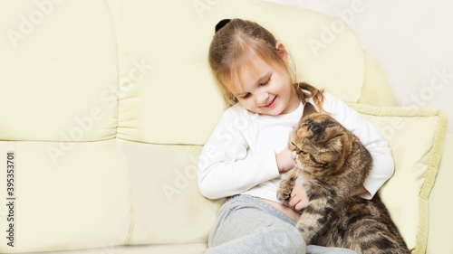 little girl sits on the sofa in the living room and holds a scottish cat in her arms. in the interior