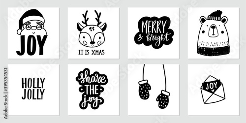 Christmas doodle posters with Santa Claus, baby deer, cute bear, mittens and lettering quotes. Happy New Year and Xmas vector collection