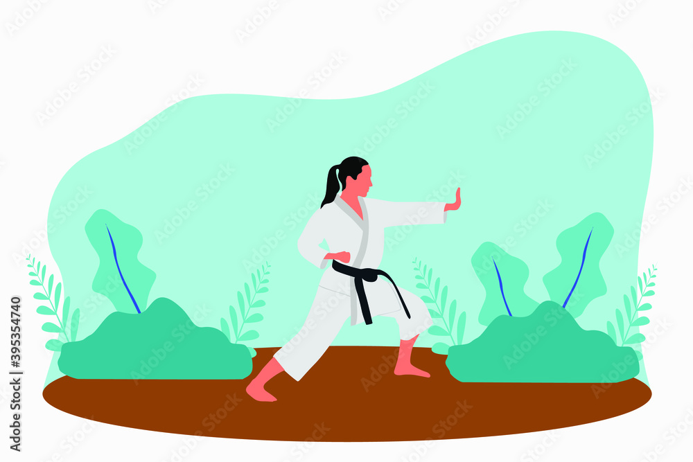 Karate girl training in the nature park