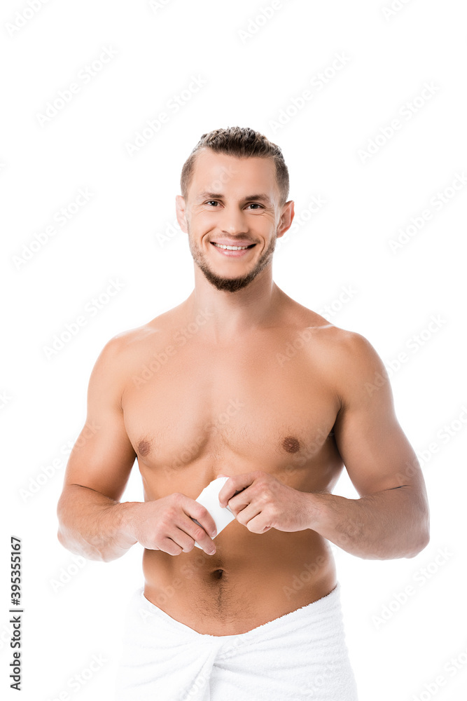 sexy shirtless man with deodorant isolated on white sexy shirtless man with deodorant isolated on white