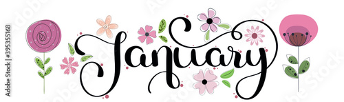 Hello January. JANUARY month vector with flowers and leaves. Decoration floral. Illustration month january