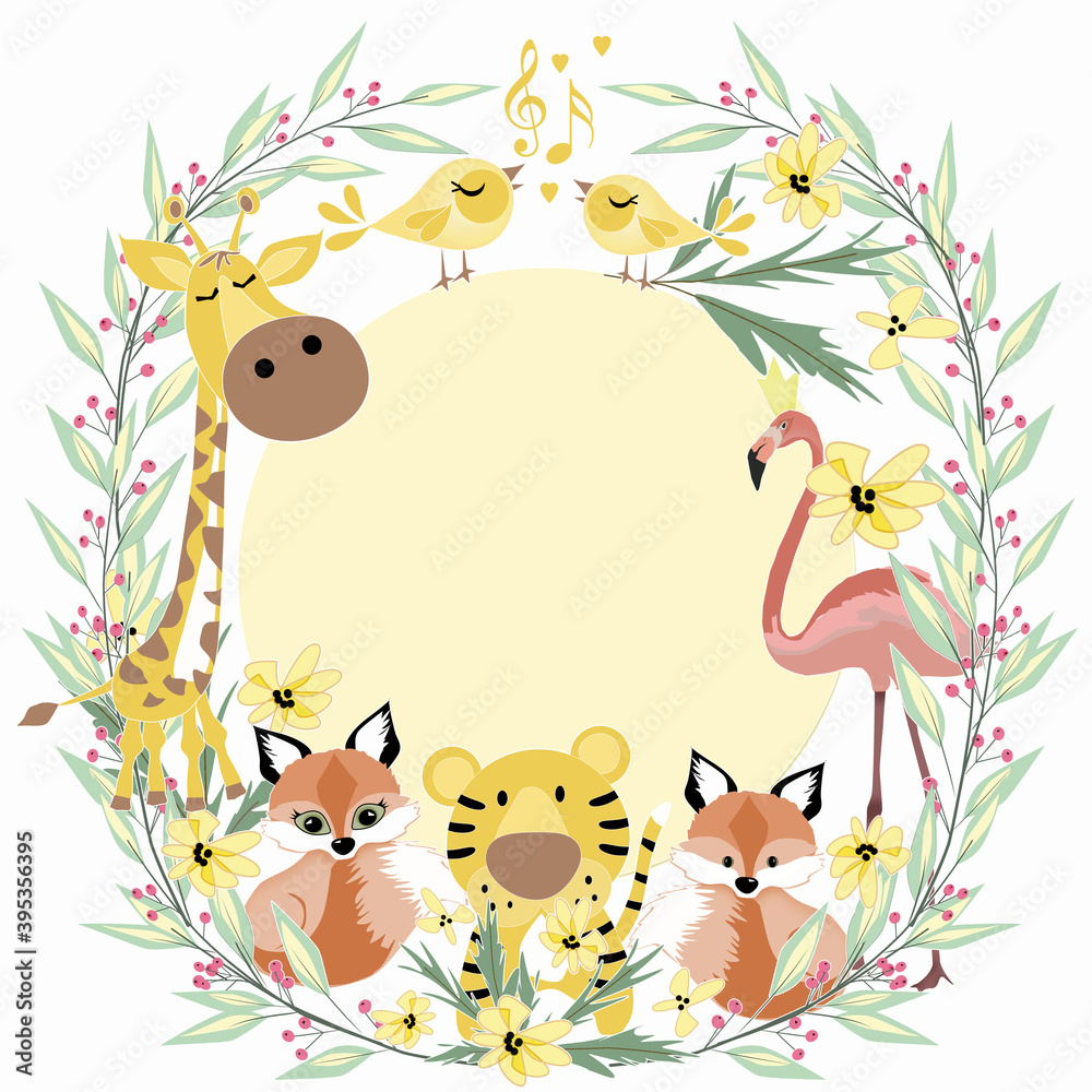 Cute animals giraffe, tiger cub, Fox, Flamingo, birds on the background of a flower wreath. Perfect illustration for baby shower.