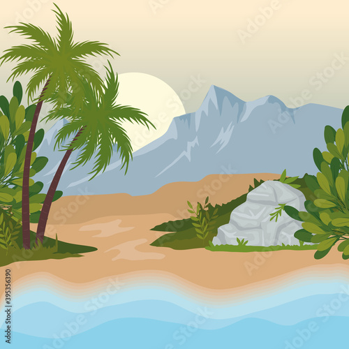 field camp landscape scene with sea and palms vector illustration design