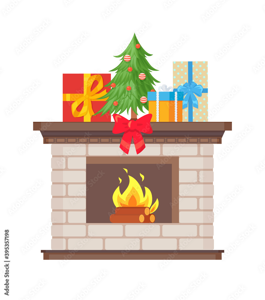 Fototapeta premium Christmas fireplace decorated by fir-tree with balls and presents vector isolated icon. Burning fire, wooden logs and framing made of stone, flame in hearth