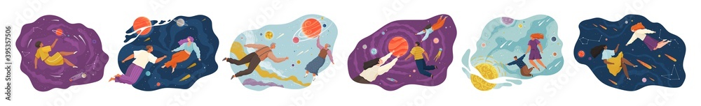 Inspired People flying in space. Collection of man and woman floating during exploration. New user experience, horizons and discoveries, worlds. Moving and floating in dreams, imagination inspiration
