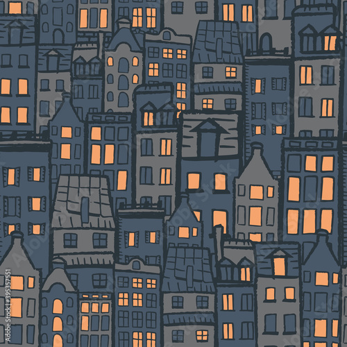 Vector orange grey blue city dark seamless pattern